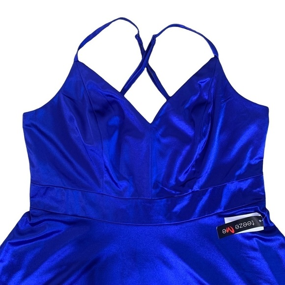 Teeze Me New With Tags Size 18 Blue Satin Cocktail A-Line Party Dress - Picture 10 of 13